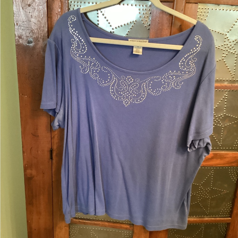 Rebecca Malone blue top with rhinestone embellishment on the front neckline